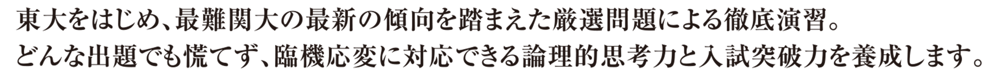 東大をはじめ、最難関大の最新の傾向を踏まえた厳選問題による徹底演習。どんな出題でも慌てず、臨機応変に対応できる論理的思考力と入試突破力を養成します。