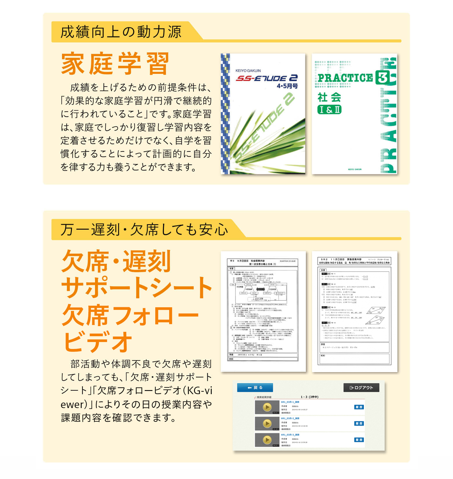 成績向上の動力源【家庭学習】／万一遅刻・欠席しても安心【欠席・遅刻サポートシート 欠席フォロービデオ】