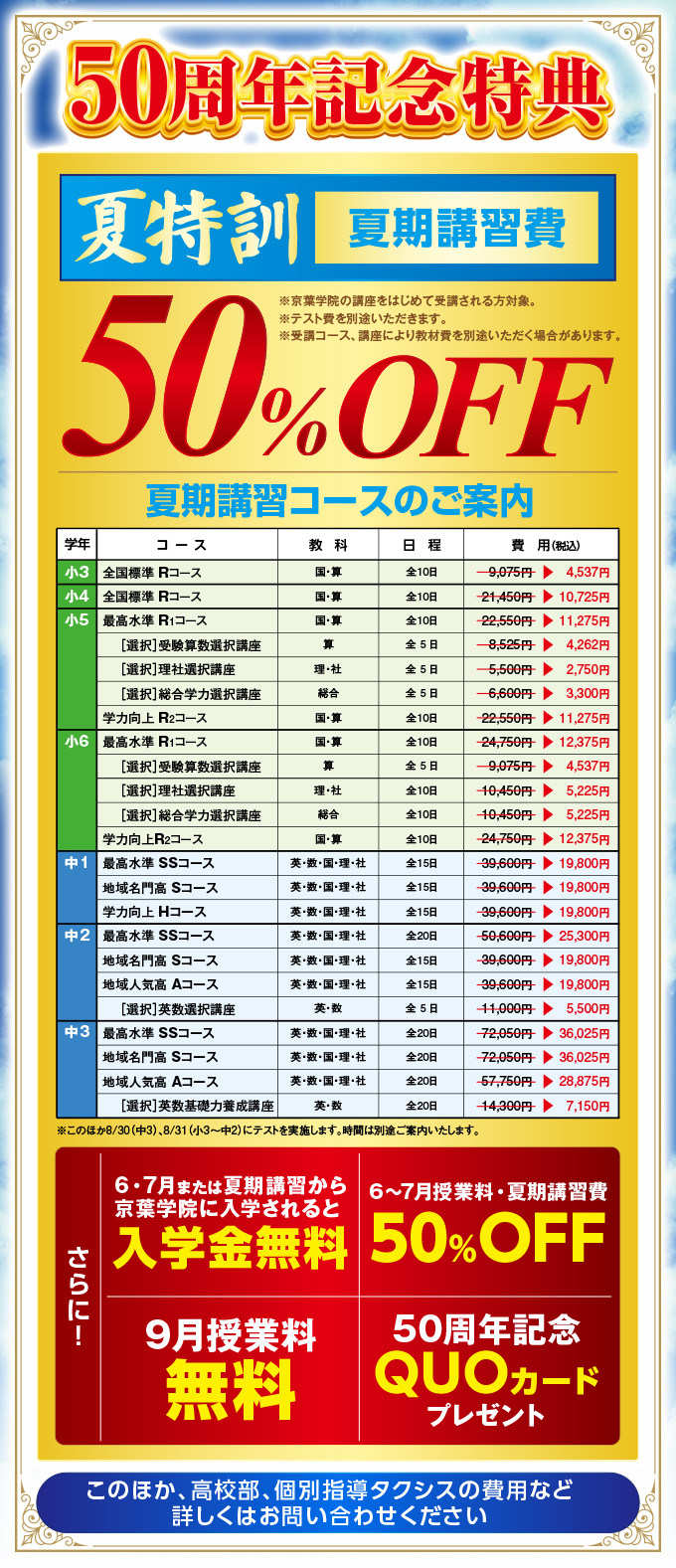 【50周年記念特典】夏特訓 夏期講習費 50％OFF ※京葉学院の講座をはじめて受講される方対象。 ※テスト費を別途いただきます。 ※受講コース、講座により教材費を別途いただく場合があります。このほか、高校部、個別指導タクシスの費用など 詳しくはお問い合わせ下さい
