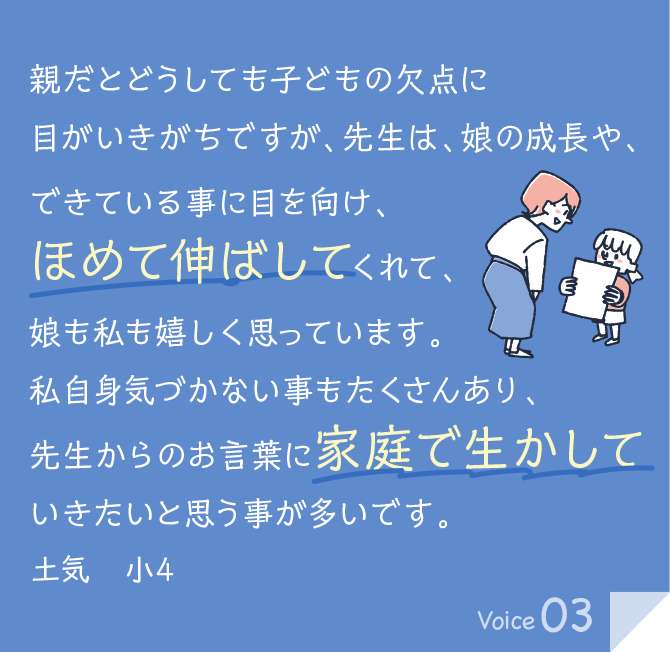 親だとどうしても子どもの欠点に目がいきがちですが、先生は、娘の成長や、できている事に目を向け、ほめて伸ばしてくれて、娘も私も嬉しく思っています。私自身気づかない事もたくさんあり、先生からのお言葉に家庭で生かしていきたいと思う事が多いです。土気　小4