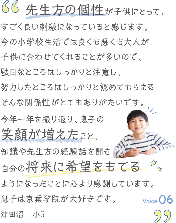 先生方の個性が子供にとって、すごく良い刺激になっていると感じます。今の小学校生活では良くも悪くも大人が子供に合わせてくれることが多いので、駄目なところはしっかりと注意し、努力したところはしっかりと認めてもらえるそんな関係性がとてもありがたいです。今年一年を振り返り、息子の笑顔が増えたこと、知識や先生方の経験話を聞き自分の将来に希望をもてるようになったことに心より感謝しています。息子は京葉学院が大好きです。津田沼　小5