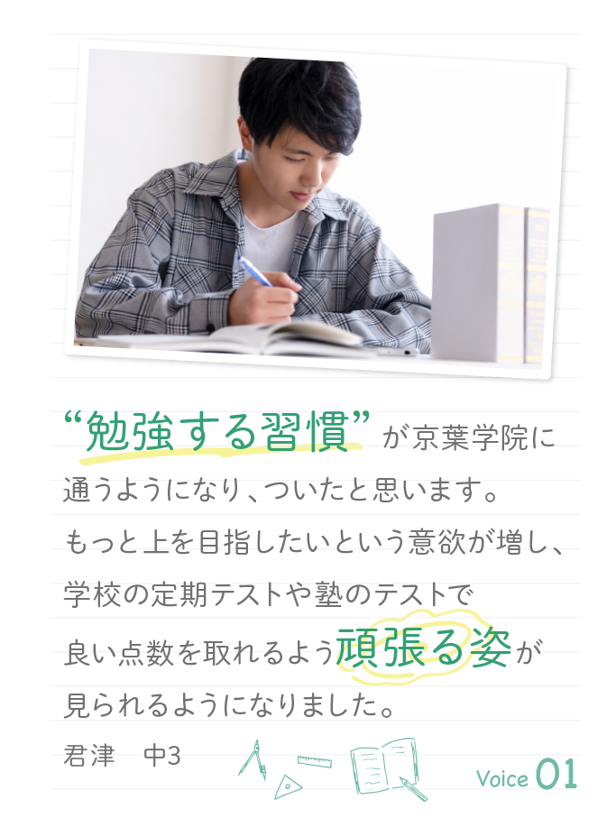 “勉強する習慣” が京葉学院に通うようになり、ついたと思います。もっと上を目指したいという意欲が増し、学校の定期テストや塾のテストで良い点数を取れるよう頑張る姿が見られるようになりました。君律　中3