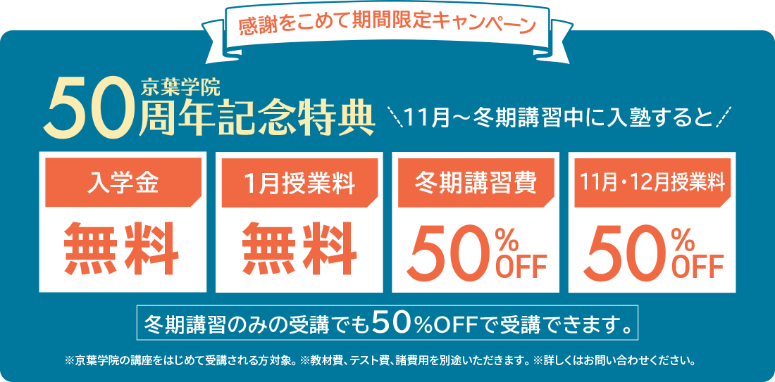 感謝をこめて期間限定キャンペーン　50周年記念特典 11月〜冬期講習中に入塾すると　入学金無料　1月授業料無料　冬期講習費50%OFF 11月12月授業料50%OFF　冬期講習のみの受講でも50%OFFで受講できます。※京葉学院の講座をはじめて受講される方対象。 ※教材費、テスト費、諸費用を別途いただきます。 ※詳しくはお問い合わせください。